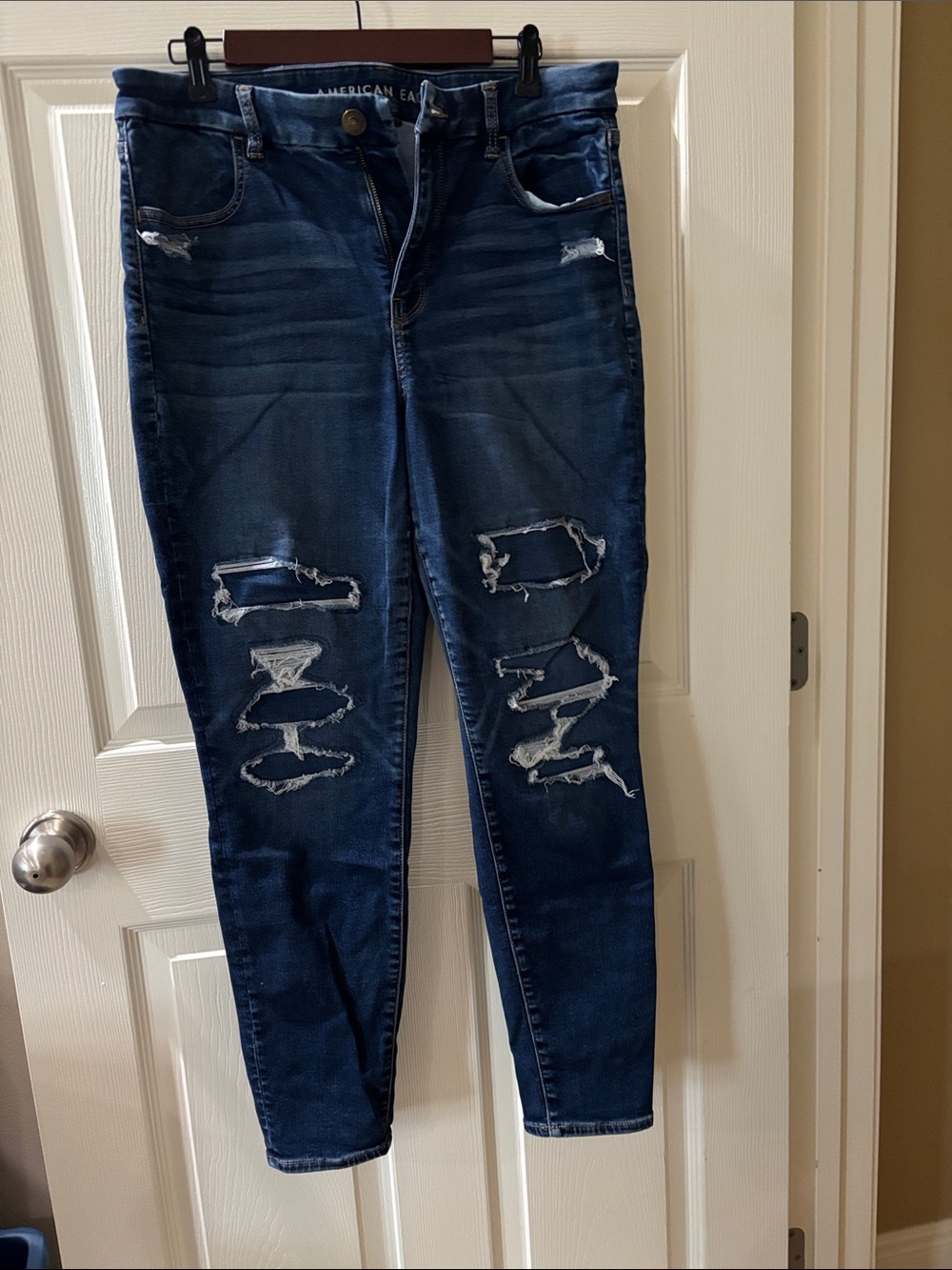 American Eagle Outfitters High Waisted Dark Blue Distressed Skinny Jeans